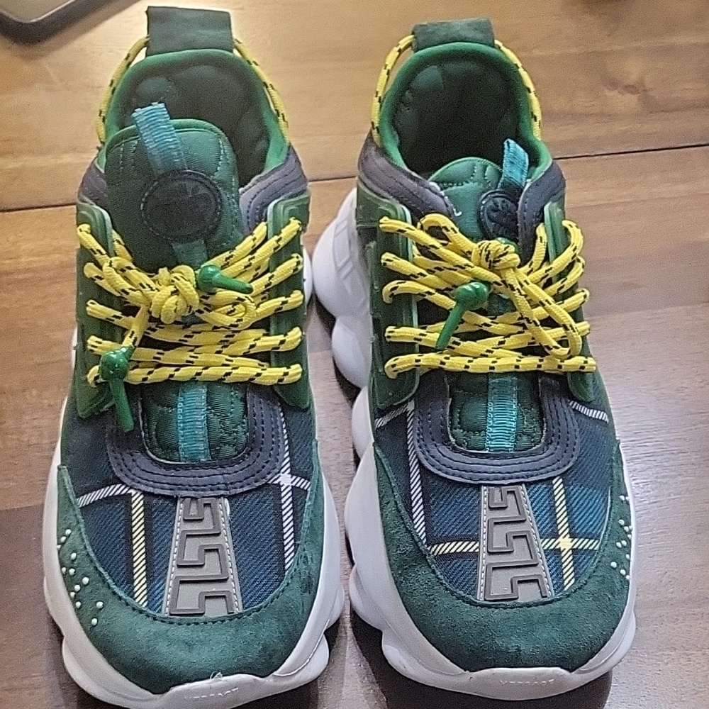 Versace Green Suede and Check Canvas Chain Reaction Sneakers Size 45 - Picture 1 of 4